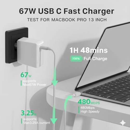 67W USB C Ladegerät für MacBook Pro 13/14/15/16 Zoll & MacBook Air M1/M2/M3/M4, PD 3.0 Netzteil Mac Laptop Series (2019-2024), Universal für alle USB-C Geräte (inkl. 2M Ladekabel)