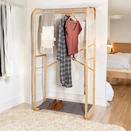 Honey-Can-Do Bamboo Clothes Rack, 2 Garment Rods, Canvas Shoe Shelf, Clothing Storage