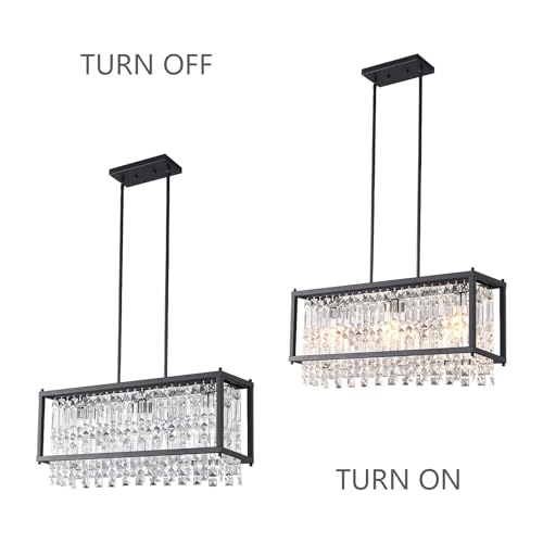 Image of LMQNINE Modern Rectangle Chandelier for Dining Room, Black Crystal Chandelier Linear Light Fixture, Farmhouse Chandeliers for Kitchen Island, Bar Table, L25.98'' x W9.84'' x H8.66''