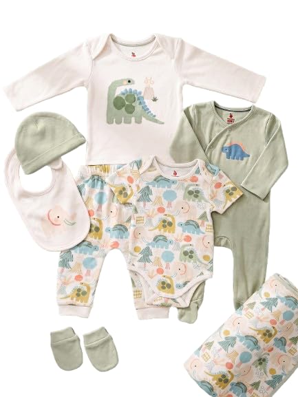 8 Pcs Clothing Gift Set, 100% Cotton Soft & Breathable 8-Piece Layette Set with Bodysuit, Romper, T-shirt, Pants, Bib, Cap, Mittens & Swaddle, 0-12 Months, All-Season Wear-picture-32