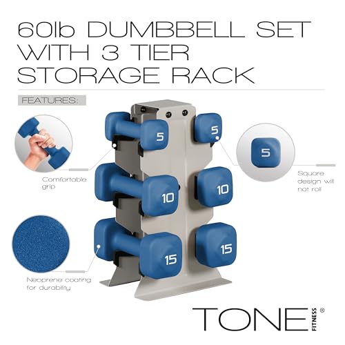 Image of Tone Fitness Neoprene Dumbbell Set with Storage Rack - Non-Slip, Anti-Roll Hand Weights for Home Gym Workouts | 20 lb, 32 lb, 50 lb, 60 lb & 100 lb Options