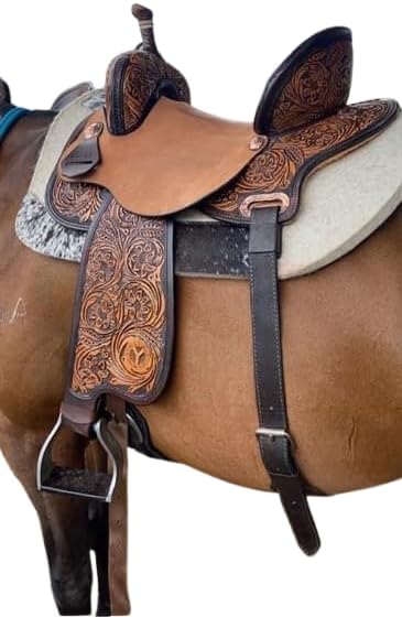 Leather Barrel Racing Western Horse Saddle Handmade Premium Custom Cowboy Cowgirl Pleasure Comfort Trail Tack Equestrian Tooled Carved Pony-Adult Saddle for Riding Size: 10-18 inch Seat, MO-05