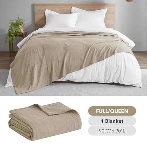 Image of Madison Park Gauze Cotton Queen Blanket Lightweight for Summer, Tan | Ultra Soft, Breathable Fabric for Sofa, Couch, Farmhouse, OEKO-TEX Certified, Cozy & Lofty for Bed Cover