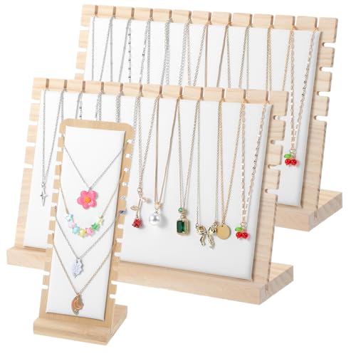 Oqqlin 3 Pcs Necklace Display Stands for Selling, Bamboo Necklace Holder with PU Leather Panel Beige Multi-Tiered Jewelry Display Storage Set for Vendors and Home (11.8x7.9x3.3 Inch/10.6x3.9x3.7 Inch)