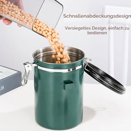 Foto von Frasheng Kaffeedose,Kaffeedose Luftdicht,Kaffeebohnen Behälter aus Edelstahl,Vakuum Kaffee Dose,mit Edelstahl Löffel,mit Datumsverfolgung für Kaffeebohnen Kaffeepulver Kaffeebehälter,1.8L,Grün