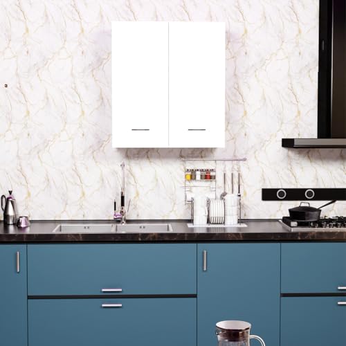 Image of 2 Door Wall Mounted Cabinet with Adjustable & Fixed Shelf | Engineered Wood Storage for Kitchen, Bathroom, Office & Living Room | DIY Assembly | Color: White | Size: 60 x 33 x 63.8 cm