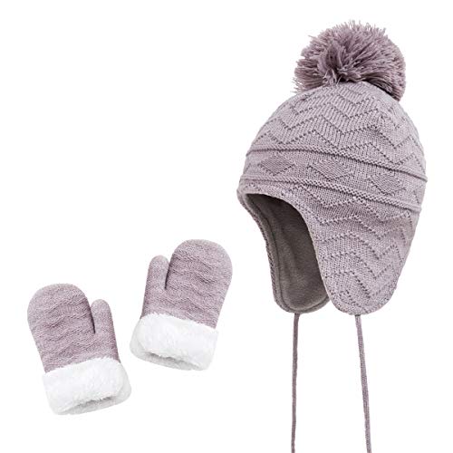 Hats and Gloves Set Kids Toddler Baby Girls Winter Hats Mitten Knit Earflap Beanie Warm Fleece Cap