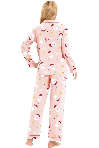 Image of LUBOT Christmas Pajamas for Women 100% Cotton Pajama 2 Piece PJ Set Soft Long Sleeve Button Xmas Print Loungewear XS-XXL