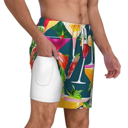 Tropical Cocktail Print Mens Swim Shorts Trunks Inseam Compression Liner Quick Dry Zipper Pocket White3
