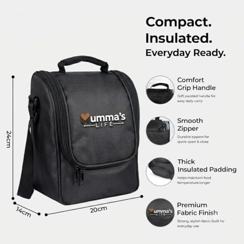Image of Mumma's LIFE- Insulated Lunch Bag for Office Use Men & Women | Fits Up to 3 Lunch Boxes with Space for Sauce Box, Water Bottle, Cutlery & Napkin | Tiffin Box Carry Bag with Handle Strap (Black)