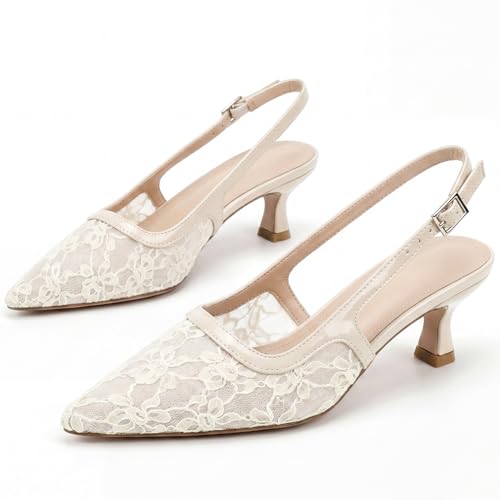 Image of KysBloes Pointed Toe Slingback Kitten Heels for Women Low Heel Pointed Toe Pumps Formal Dress Shoes Sling Back Heels