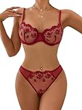 Lilosy Women Sexy Floral Embroidered Mesh Sheer Underwire Push Up Lingerie Set See Through Bra and Panty 2 Piece Flower Burgundy Red Medium