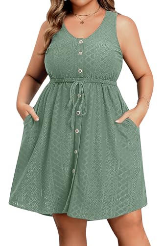 Green Plus Size Dress Summer Casual Eyelet Sleeveless Tank V