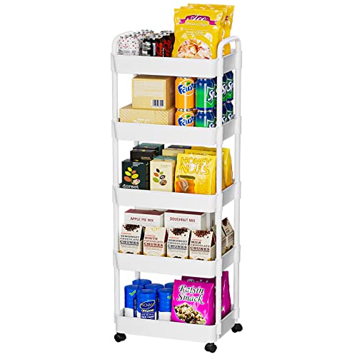 5-Tier Rolling Cart, Utility Cart With Lockable Wheels, Storage Cart,Craft Cart,Easy Assemble For Kitchen,Bathroom,Laundry,Dorm Room,Storage Organizer As Art, Snack Lash Book Diaper Book Cart (White) #TOP7