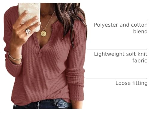 Image of Farktop Womens Long Sleeve Tops Henley V Neck Lightweight Pullover Sweaters