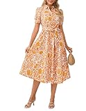 GRACE KARIN 2026 Cotton Summer Boho Midi Dresses for Women Puff Short Sleeve Shirt Dresses Flowy Floral A-line Wedding Guest Dress with Pocket Belt White Yellow M