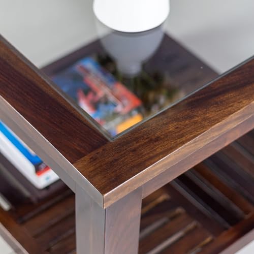 Image of Solid Sheesham Wood Coffee Table with Glass Top & Storage Shelf | Premium Wooden Teapoy | Modern Center Table for Living Room | Wooden Tea Table (Walnut Finish)