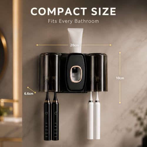 Image of TENOM Tooth Brush Holder Bathroom with Toothpaste Dispenser, Self Adhesive Toothbrush Holders for Bathroom Wall, Dustproof, BPA Free Wall Mounted Bathroom Organizer (Black, 2 Cup)