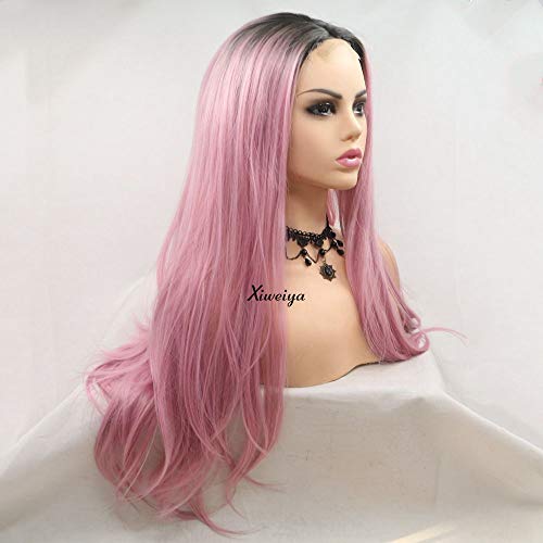 Xiweiya 24 Long Wigs Pink Hair Natural Straight Lace Front Wigs Ombre Dark Root Synthetic Women Wigs U Part Heat Resistant Full Wigs Pastel Cheap Wigs With Free Wig Cap UK Christmas