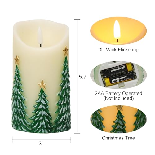 Image of Wondise Christmas Flameless Candles with Timer, Battery Operated Flickering 3D Wick Real Wax Christmas Tree Candles for Christmas Holiday Indoor Decoration, Set of 2, Ivory(D3 x H5.7 Inch)