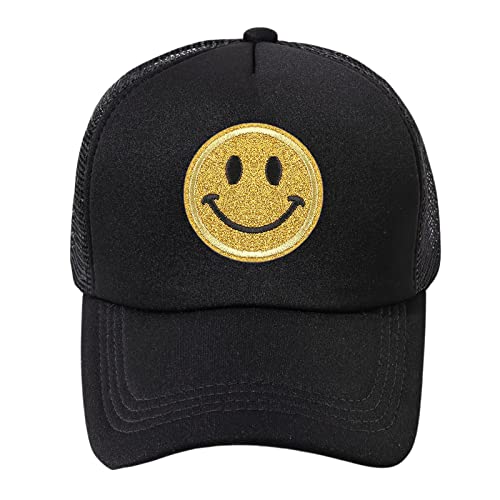 lycycse Smile Face Hat Womens Mesh Neon Trucker Hats with Sequins Smile Patch Preppy Hat Retro Baseball Cap