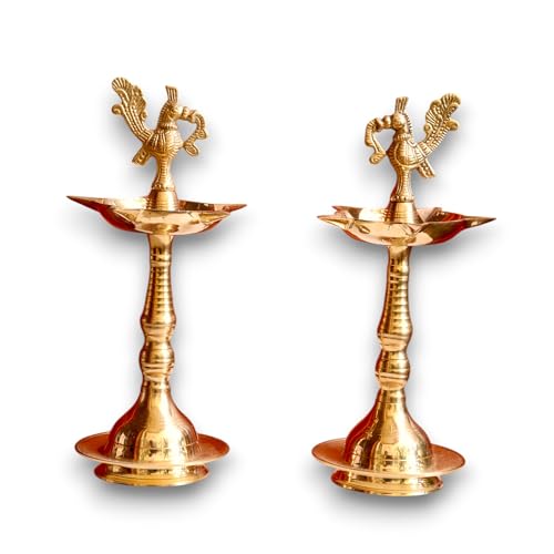 Image of Kerala Brass Diya with Peacock Design | Height: 9 Inch Premium Kerala Kuthu Vilakku I Panchmukhi Diya Puja, Home and Office Temple, Festive Gifting | Pack of 2 | Weight: 330 Grams Each