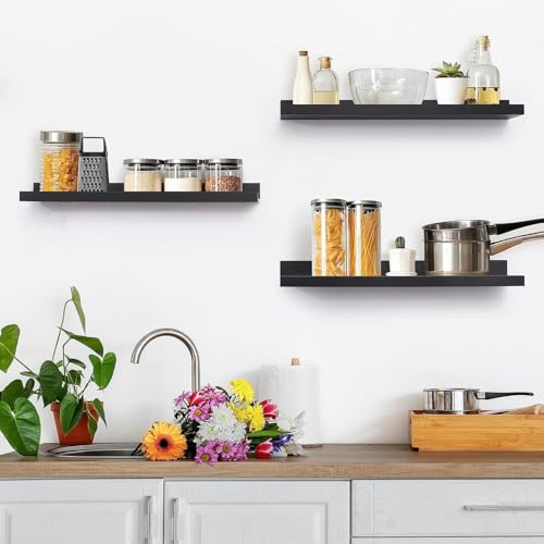 Image of Wooden Floating Wall Shelves Set of 3 for Living Room & Bedroom | Modern Wall Mounted Display Rack for Decor, Photo Frames, Plants & Storage (Black, 23 Inch)