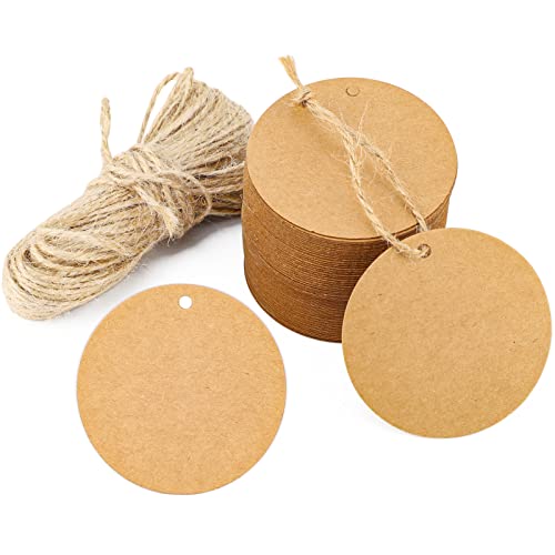 Segarty Circle Gift Tags - 100 PCS Brown Round Thick Kraft Blank Hang Paper Tags with 65 Feet Jute Twine for Craft Projects, Birthday Gifts, Greeting Cards