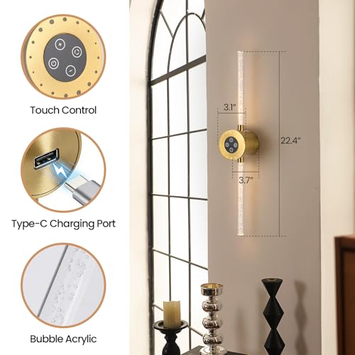 Image of Battery Operated Wall Sconces Set of 2, 8000mAh Rechargeable Wall Lights with Touch /Remote Control, Gold LED 360Rotate Wireless Wall Scone for Living Room,Bedroom,Hallway, 22.5 Inch