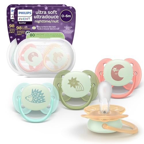 Philips Avent Ultra Soft Schnuller für die Nacht kiefergerecht Babys 06 Monate leuchtet im Dunklen flexibles Schild symmetrische Form BPA-frei Sterilisations-/Transportetui 4 Pack SCF094/07