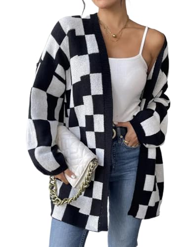 Mywinway Women's Checkered Long Cardigan Sweaters Fall Winter Open Front Long Sleeve V Neck Cute Knit Oversized Tops