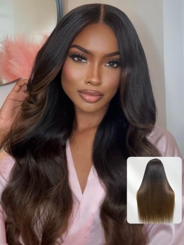 Image of Sunber Yaki Straight Human Hair Wig Brown Ombre 7x5 Glueless Wigs 24 Inch