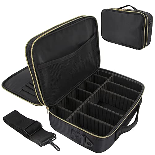 Time to Sparkle 35 * 24 * 12cm Travel Makeup Bag Cosmetic Bag Makeup Organizer Bag Travel Train Case Portable Cosmetic Artist Storage Bag with Adjustable Baffle for Makeup Brush Jewelry Black