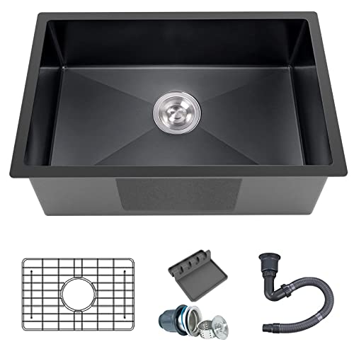 Black Kitchen Sink, Undermount Stainless Steel Bar Sink 27X18X9 Inch Drop In Single Bowl Kitchen Sink With Accessories-Sink Grid,Spoon Rest,Drain Assembly Set For Modern Kitchen Sink #TOP6
