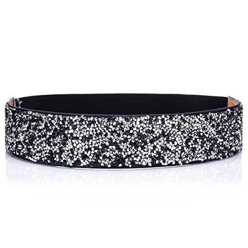 Longwu Cinturón de diamantes de imitación con purpurina brillante para mujer Cinturones de cintura elásticos anchos Cinturones elásticos plateados para mujer Vestido de fiesta