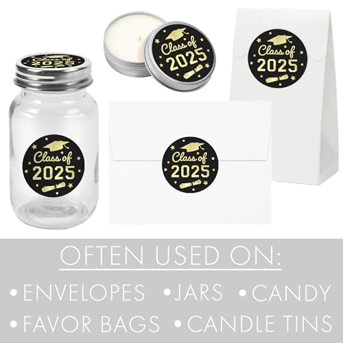 Black and Gold Graduation Party Favors Stickers, Class of 2025 Graduation Envelope Seals, Candy Stickers - 40 Count