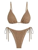 ZAFUL Women's Triangle Bikini Set Crochet String Cheeky Swimsuit Sexy Halter Lace 2 Piece Bathing Suits Coffee