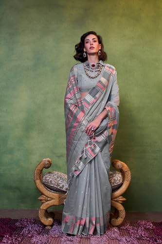 Image of SGF11 Women's Soft Cotton Linen Silk Saree With Unstitched Blouse Piece