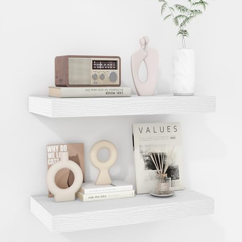 Image of Fun Memories 16 Inch Floating Shelves - Deep Rustic White Wooden Wall Shelves - Extra Deeper & Thicker Wall Mounted Storage Shelf for Bedroom, Kitchen, Farmhouse - 2 Pack, Rustic White