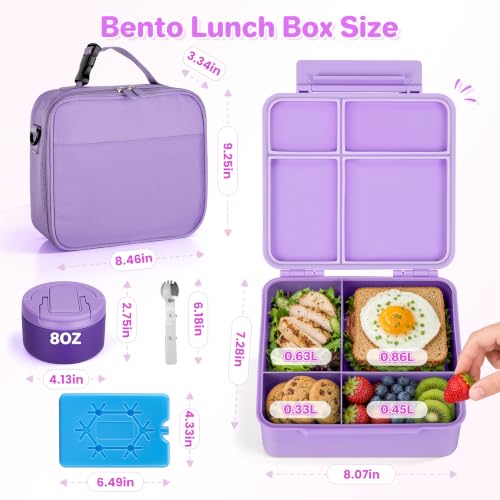 Image of Bento Lunch Box with 8oz Soup Thermo,Kids Leakproof 4 Compartment Lunch Food Containers with Sauce Cup and Ice Pack,Kids Thermo Insulated Hot Food Jar and Lunch Bag for School,Trvael-Purple