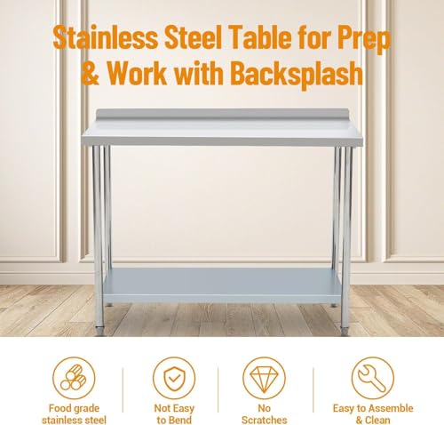 TrailBlaze Food Prep Stainless Steel Table, 48x24x38 Inch Stainless Steel Worktable with Backsplash, Heavy Duty Metal Work Table with Undershelf, Commercial Workstation for Kitchen Restaurant Garage - Thumbnail 4
