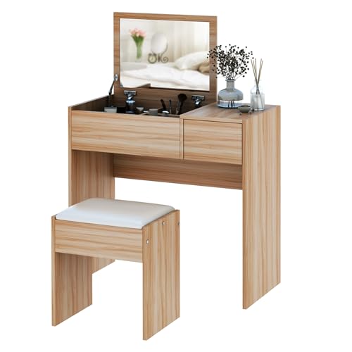 HOMCOM Escritorio de maquillaje con cajón, juego de mesa de tocador con espejo abatible y taburete acolchado, color natural
