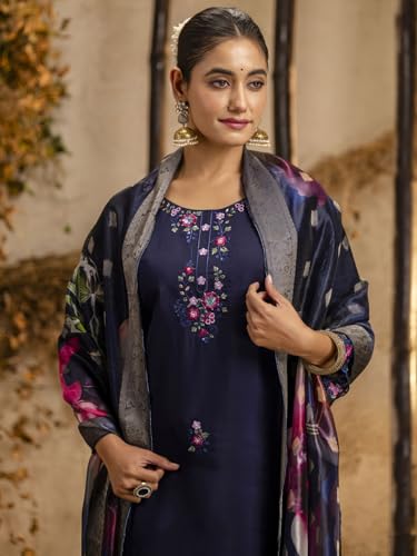 Image of VredeVogel Kurta Set with Dupatta | Viscose Roman Silk Embroidered Kurta Set for Women | Women's Ethnic Casual Kurti Set |Kurta Pant Festive Suit