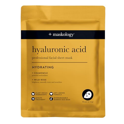 MASKOLOGY HYALURONIC ACID Professional Face Sheet Mask Pack of 1 | Anti Aging Face Mask | Hydrating Face Masks Skincare | Chamomile & Wild Rose | 100% Plant Based |