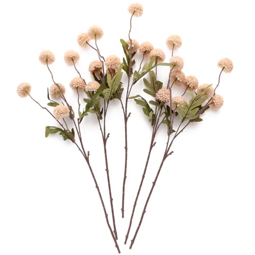 Laelfe 5 Pièces Fleurs Kiku Artificielles, 52cm Chrysanthèmes Pompon en Soie Fleurs Boule Fausses pour Remplissage de Mariage, Bouquets DIY, Centres de Table et Décoration de Maison Cuisine