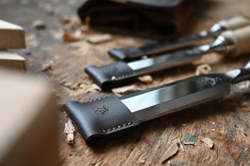 KIRSCHEN Schneidenschutz – Schutz für Stechbeitel mit 32 mm Klingenbreite und Zimmermannsbeitel NERO in 28 mm, Klingenschutz aus Leder, Messerschutz 8505032