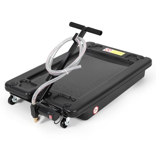 Oil Drain Pan 17 Gallon Oil Drain Tank 64L Low Profile Oil Drain Pan with Electric Pump Oil Catch Pans for Changing Oil Foldable Hand with Hose Swivel Casters for Car SUV Trucks Oil Draining Black