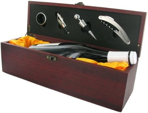 Wine Box and Accessories Presentation Set with Beautiful Rosewood Matte Finish Satin Gold Cloth Interior (Wine bottle not included)