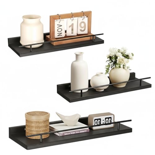 VINATO Juego de 3 Estantería Pared Madera 40x15x4.5CM para Cocina Salón Oficina y Dormitorio, Estantería de Pared, Negro