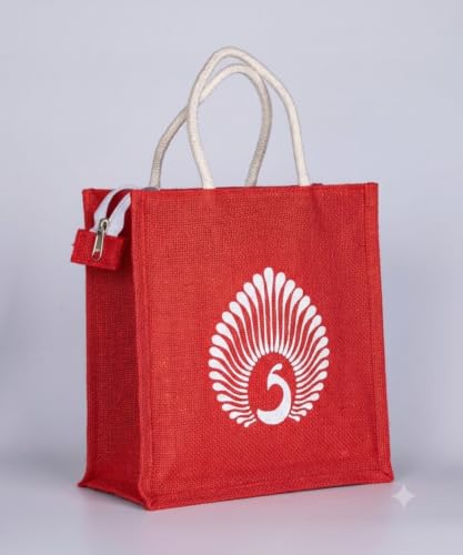 Image of Soman Jute Ecofriendly Return Gift Bags Peacock Printed Multicolor bags with Zip Pack of 10 Bags